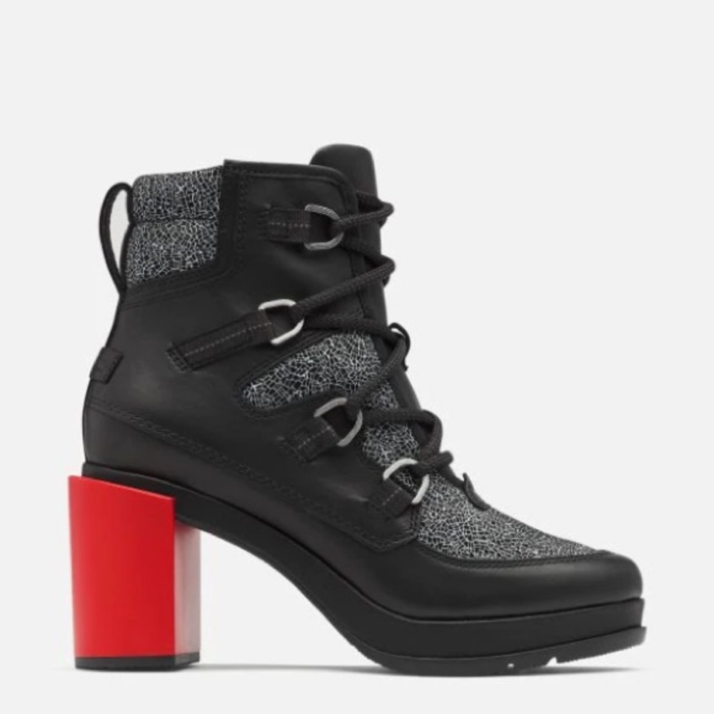 SOREL NWT BLACK LACE SHATTER BOOTIE BLACK RED - Picture 2 of 10